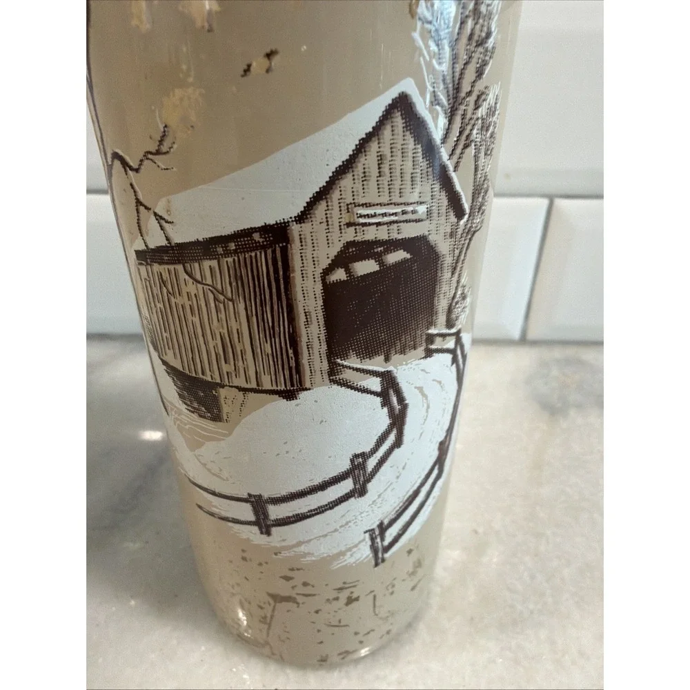Vintage Set Of 2 Glass Pillar Candles Forest Covered Bridge Scenes